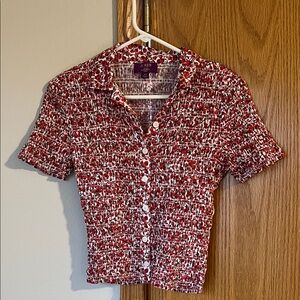 J. Crew Red and White Short Sleeve Button-Up Top